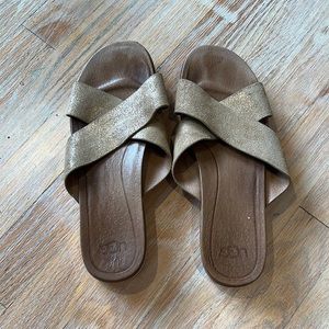 Ugg size 10 leather cross slides gold